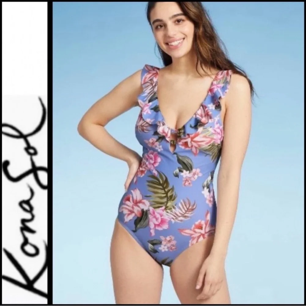 Kona Sol Lavender Floral Ruffle One-Piece Swimsuit - Picture 1 of 3